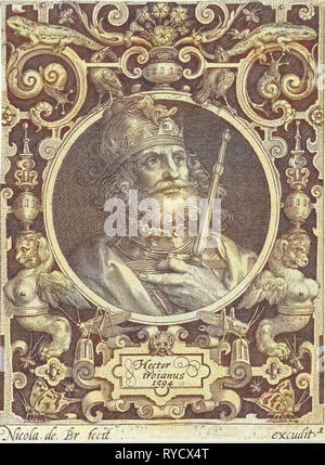 Porträt von Hector von Troja im Medaillon in rechteckigen Rahmen mit Ornamenten, print-Hersteller: Nicolaes de Bruyn, anonym, 1594 Stockfoto