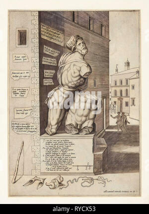 Die Statue Pasquino, stehend auf einem Sockel in der Piazza di Pasquino in Rom, Italien, Antonio Lafreri, 1522-1577 Stockfoto