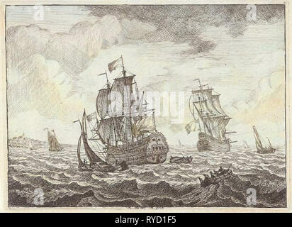 Seelandschaft mit zwei drei Meister, Adam Silo, 1689-1760 Stockfoto