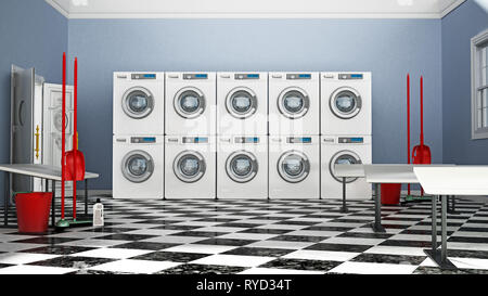 Waschküche mit Waschmaschine und Trockner. 3D-Darstellung. Stockfoto