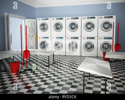 Waschküche mit Waschmaschine und Trockner. 3D-Darstellung. Stockfoto