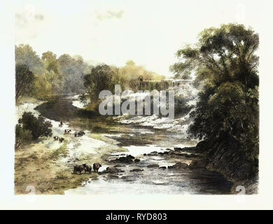 Auf der Wharfe, Bolton Abbey, UK. Bolton Abbey ist die Immobilien, innerhalb dessen befindet sich die Ruine der aus dem 12. Jahrhundert Augustiner Bolton Priory in North Yorkshire, England. Es gibt seinen Namen in der Pfarrei von Bolton Abbey Stockfoto