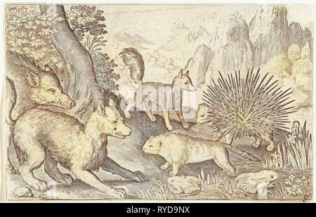 Wildschwein, Fuchs, Biber, Stachelschweine und Frösche, Nicolaes de Bruyn, 1594 Stockfoto