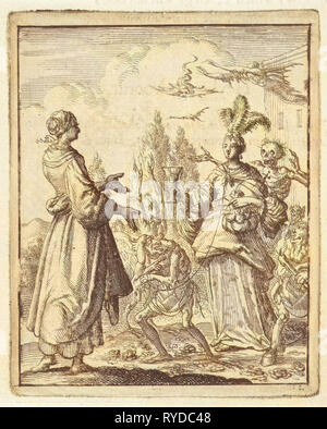 Frau zeigt zu reich gekleidete Frau, die an einer Schnur von der Sünde geführt und wird durch den Tod und Satan umgeben, Jan Luyken, Pieter Arentsz II, 1687 Stockfoto