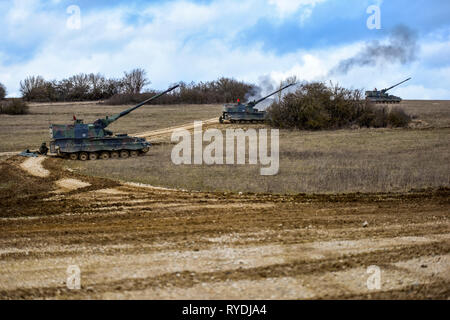 Deutscher Panzer Linie bis in die Gegend von grafenwöhr Training Area zu Feuer, 5. März 2019 während der Übung Dynamische Front 19. Übung Dynamische Front 19 umfasst ca. 3.200 Mitglieder aus 27 Nationen, die zu beobachten sind oder die Teilnahme von grafenwöhr Training Area, Deutschland; Riga, Lettland; und Torun, Polen; im März 2-9, 2019. Dynamische Vordere ist eine jährliche US-Army Europe Übung konzentriert sich auf die Bereitschaft und die Interoperabilität der US-Armee, gemeinsamen Dienst, und Verbündete und Partner Nationen Artillerie und Fire Support gemeinsam in einem multinationalen Umfeld. (U.S. Armee Foto Stockfoto