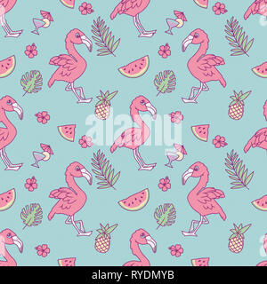 Cute nahtlose Muster mit tropischen cartoon Flamingos, Ananas, Melonen, Blumen und exotischen Blätter auf hellblauem Hintergrund Stockfoto