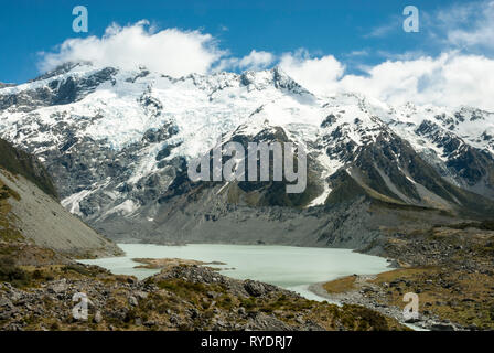 Schmelzwasser in Mueller See unter schneebedeckten Mount Sefton, NZ, in den südlichen Alpen an einem sonnigen Tag im Frühling. Stockfoto