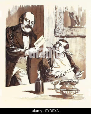 Abendessen nach der Kapitulation, Paris, Frankreich, 19. Jahrhundert, Franco preußischen Krieg 1871, Flasche Wein, Liszt Gourmet Archiv, Glas, Teller, Tisch, Mann, Messer Stockfoto