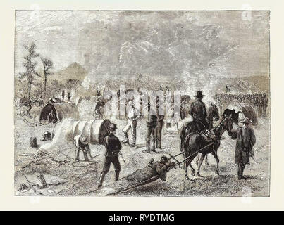 General Crook's Camp bei Weichholz Creek: Holen in ein verwundeter Soldat auf einem Travau, den Sioux, Krieg, Gravur 1876, US, USA, Amerika, Usa Stockfoto