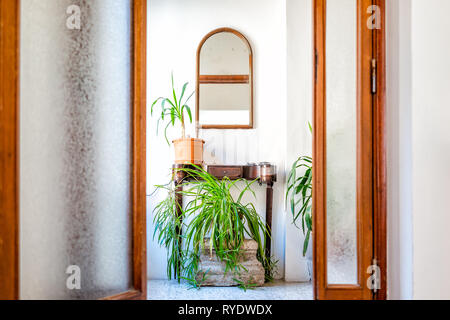 Blick auf Hall im Innenbereich im Italienischen apartment Home mit Fenster Spiegel und grünen Pflanzen Nahaufnahme im Flur Flur sauber minimalistischen Stil Stockfoto