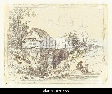 Landschaft mit Wassermühle und Mann mit Hund, Albertus Brondgeest, 1796-1849 Stockfoto