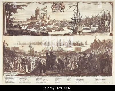 Abfahrt von William III. und seiner Flotte aus Hellevoetsluis mit Truppen und Zuschauer am Strand und in den Dünen, der Ankunft der Flotte in England am 15 November, 1688, drucken Teekocher: dancker Danckerts (auf Objekt erwähnt), 1660 - 1688 Stockfoto