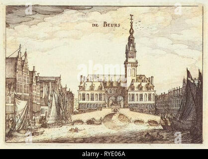 Blick auf die stadt Koopmansbeurs der Architekt Hendrick de Keyser in Amsterdam, von der Seite des Rokin, im Vordergrund ein paar Schiffe auf dem Wasser, in den Niederlanden, drucken Teekocher: Claes Jansz. Visscher (II), Dating 1611 Stockfoto