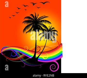 Abstrakte Sonnenuntergang am Strand mit Regenbogen und Vögel Stock Vektor