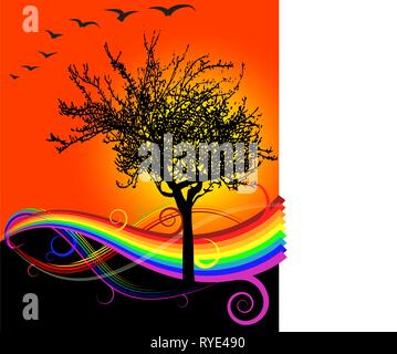Herbst Sonnenuntergang - Regenbogen und Baum Stock Vektor