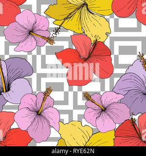 Vektor Hibiskus Blumen tropische Blumen. Graviert Tinte Kunst auf weißem Hintergrund. Nahtlose Muster. Stock Vektor