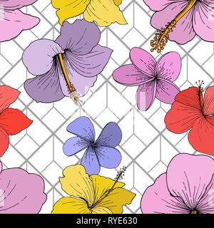 Vektor Hibiskus Blumen tropische Blumen. Graviert Tinte Kunst auf weißem Hintergrund. Nahtlose Muster. Stock Vektor