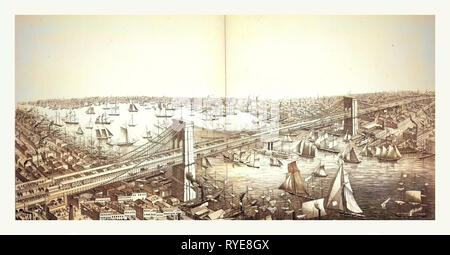 Aus der Vogelperspektive die große Hängebrücke und verbindet die Städte New York und Brooklyn von New York nach Südosten, Circa 1883, US, USA, Nordamerika Stockfoto