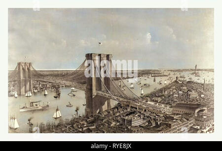 Grand Vögel Auge Ansicht der Großen East River Suspension Brücke verbindet die Städte New York und Brooklyn, Auch das herrliche Panorama auf die Bucht und den Hafen von New York, ca. 1885, US, USA, Nordamerika Stockfoto