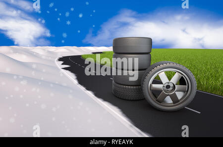 Mehrere Reifen für Räder auf der Straße neben dem Gras und Schnee. 3D-Rendering Stockfoto