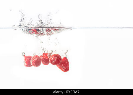 Bündel von saftig lecker aussehenden Himbeeren Spritzer in die Wasseroberfläche und Untergang. Auf weißem Hintergrund, Splash essen Fotografie. Stockfoto