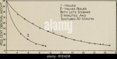 Schneiden Sie das Obst trocknen dryingcutfruits485 nich Jahr: 1930 Abb. 8.- Der Rückgang der Feuchtigkeitsgehalt in Geschwefelt und in unsulfured Obst in der Sonne trocknen. I und II, Pfirsiche. Kranke, IV und V, Aprikosen. 16 20 24 Uhr 0 U12 S DBIED Abb. 9. Auswirkungen der Peeling auf die Austrocknung der Birnen. Wirkung von Schwefeldioxid auf die Farbe der getrockneten Früchte.-Platten I und II das Scheitern der unsulfured Obst die Farbe der Frische oder der Geschwefelt, Früchte zu behalten. Diese Platten die Farbe der Proben von getrockneten Früchten reproduzieren aus den Experimenten an, die Tabelle 3 basiert. Stockfoto