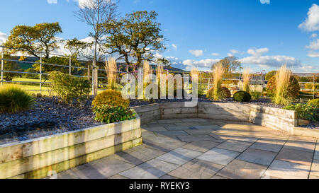 Herbstfarben im herrlichen, privaten Garten, Yorkshire, England, UK-elegantes, modernes Design, Landschaftsgestaltung und Bepflanzung von Schnittholz angehobenen Betten. Stockfoto