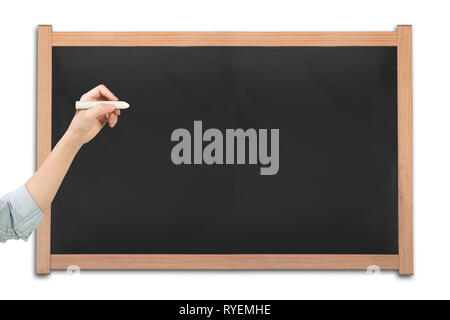 Frau hand mit Kreide und Tafel, auf weißem Hintergrund. Stockfoto