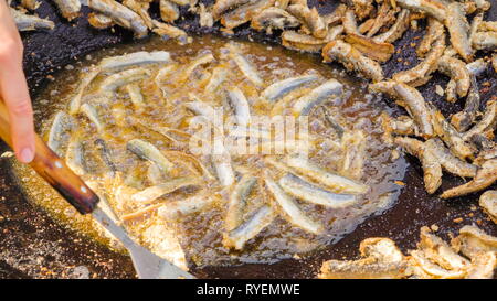 Kochen Ostseehering Fisch auf dem heißen Topf mit viel auf der Seite und einige gekochte auf dem Öl Stockfoto