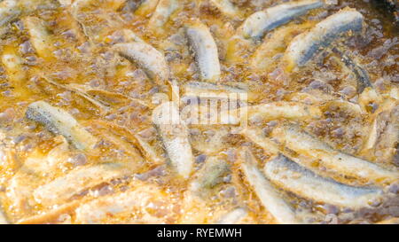 Heißes Öl kochen die baltischen Hering Fisch auf den Topf zu den Menschen gedient werden. Stockfoto