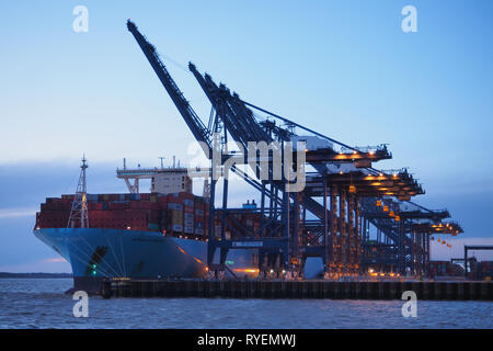 Hafen von Felixstowe, Suffolk, Großbritannien, 10. März 2019: Krane Beladung von Containern auf der Marseille Maersk Frachter in der Dämmerung Stockfoto