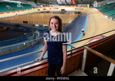 Britische Titel Radfahrer Laura Kenny während des Phynove sechs Tag Manchester media Event an der Nationalen Radfahren Center in Manchester. Stockfoto