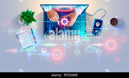 Remote Support online. Remote-zugriff und Desktop Computer oder Laptop über Web Internet Verbindung. System Administrator hilft der Kunden Stock Vektor