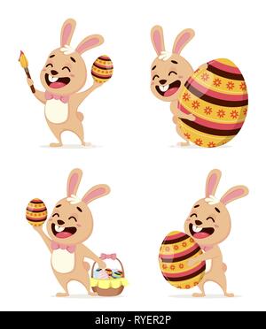Frohe Ostern Grußkarte. Niedliche Kaninchen cartoon Charakter, von vier festgelegt. Ostern, Frühling Konzept. Vector Illustration auf weißem Hintergrund. Stock Vektor