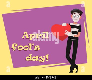 April Fool's Day Grußkarte mit mime-holding Große rote Herzen. Lustige cartoon Charakter der Pantomime. Flat Style. Vector Illustration Stock Vektor