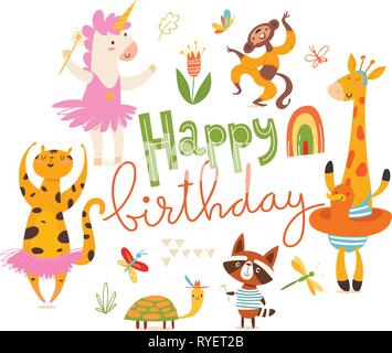 Happy Birthday Card. Große cartoon wilde Tiere. Stock Vektor
