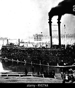 Transport/Verkehr, Navigation, Dampfschiff, Sternwheeler 'Pargoud', geladen mit Baumwolle, undockng Manöver auf dem Mississippi, circa 1890,- Additional-Rights Clearance-Info - Not-Available Stockfoto