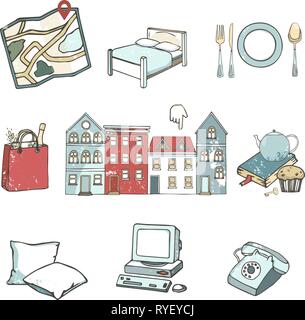 Reisen mit dem Tourismus Symbole. Hand gezeichnet Vector Illustration. Clip Art für Hostel, Website, Blogger, grunge Stil. Cartoon Illustration. Stock Vektor