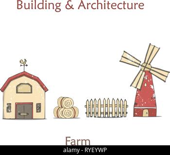 Vector Illustration von bunten Milch Leben auf dem Bauernhof mit Scheune auf weißem Hintergrund. Vintage Dorf Landschaft. Hand flache Ausführung von Landschaft für weit gezogen Stock Vektor