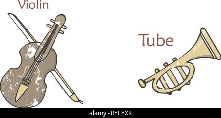 Set mit Silhouetten der Orchester Musikinstrumente isoliert auf weißem Hintergrund, Vector, farbige Illustrationen von Blues, Rock und Jazz Instrumente. Stock Vektor