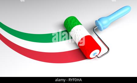 Roller Pinsel eine weiße Fläche, den Farben der italienischen Flagge - 3D Rendering illustration Stockfoto
