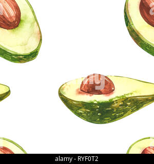 Avocado aquarell Hand zeichnen Abbildung auf weißem Hintergrund. Nahtlose Muster von Hand gezeichnet Avocado. Stockfoto