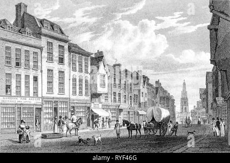 Ein Kupferstich von Westgate Street, Gloucester, Gloucestershire, UK gescannt und in hoher Auflösung aus einem Buch 1825 veröffentlicht. Glaubten copyright frei. Stockfoto