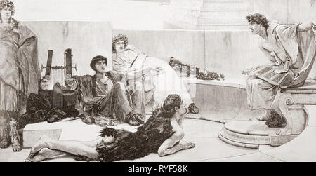 Gelehrte im alten Griechenland hören zu einem Vortrag von Homer. Homer, c-c 900 v. Chr. 850 v. Chr.. Antike griechische Dichter. Von Ilustracion Artistica, veröffentlicht 1887. Stockfoto