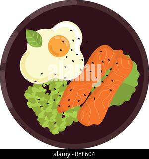 Menü Konzept. Frites Ei, geräucherter Lachs, Avocado, Tomaten und grünen Salat auf einem Teller serviert. Gesundes Essen. Vector Illustration. Stock Vektor