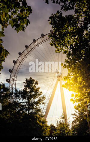 Detail der weltberühmten Touristenattraktion London Eye bei Sonnenuntergang Stockfoto