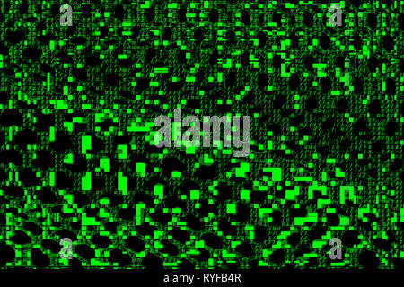 Abstrakte net Textur. Grüne ASCII-Zeichen, Buchstaben oder Pixel auf schwarzem Hintergrund. Panne auf der Digitalanzeige. Verschlüsselte oder beschädigte Daten. Cyber Attack. Stockfoto