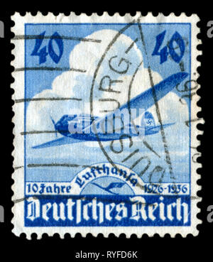 Deutsche historische Stempel: 10. Jahrestag der Lufthansa, Post- und Reiseflugzeuge Heinkel He 70 Lufthansa, Stornierung, DR, Drittes Reich Stockfoto