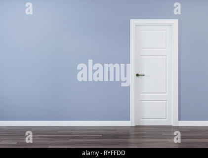 Weiße Tür im Innenraum mit einer blauen Wand. 3D-Rendering. Stockfoto