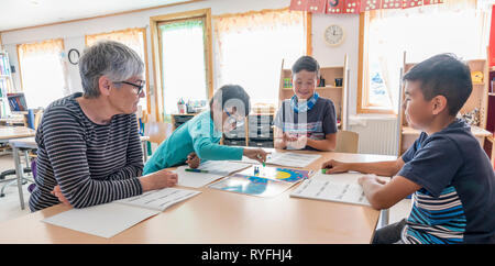 Grundschüler mit einem Lehrer, Qassiarsuk oder Brattahlid, Südgrönland Stockfoto